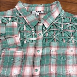 Back in the Saddle XL Plaid Snap Shirt Green Pink Roll Tab Sleeve Western Cowboy